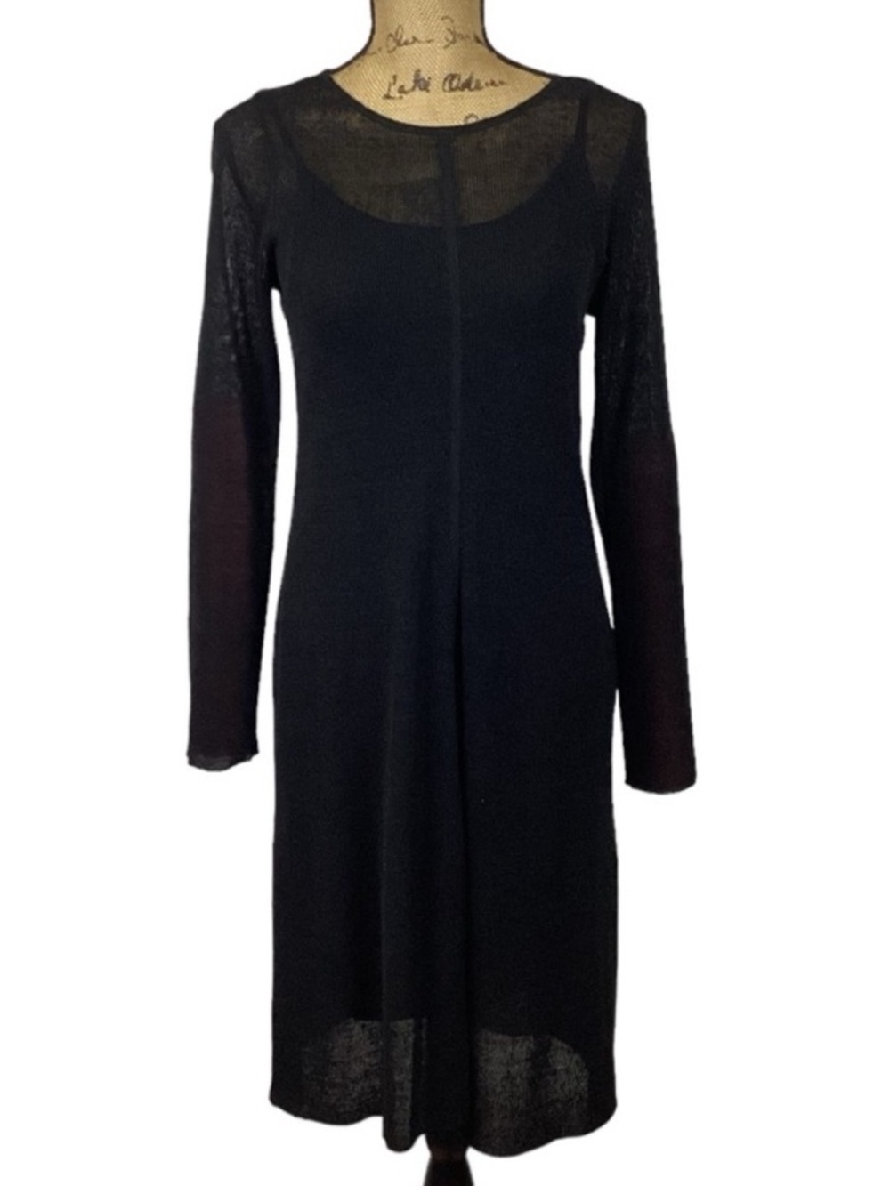 Eileen Fisher Shift Dress Black Linen Sz L Long Sleeve Overlay With Slip